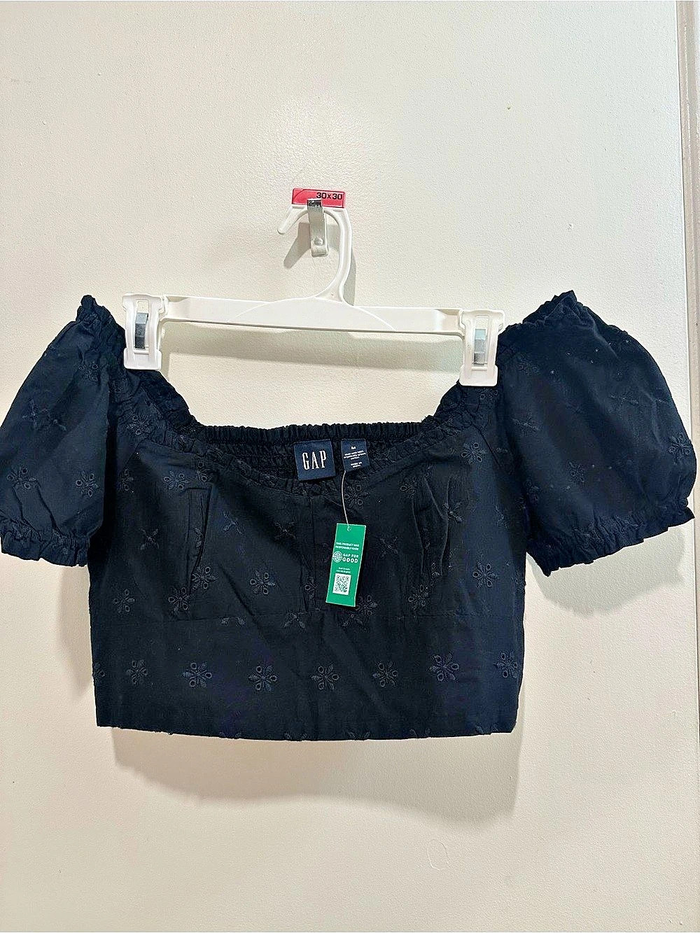 NWT Project GAP Organic Cotton Puff Sleeve Crop Top Black Floral Embroidered M